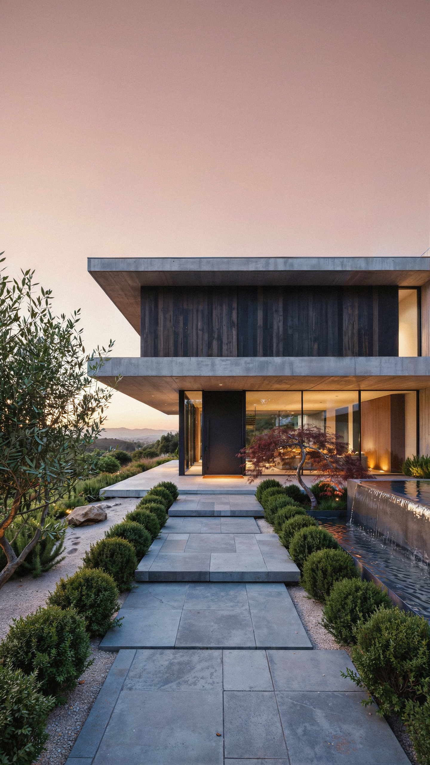 Contemporary home at dusk with deep overhang and full-height glazing