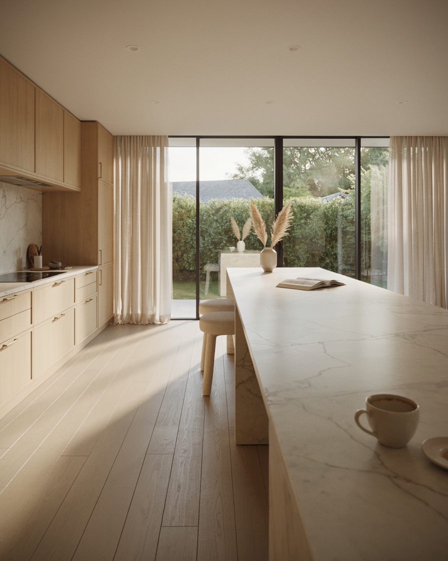 Kitchen with island and natural light